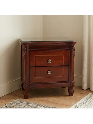 Velador Clásico Caoba con 2 Cajones y Tallado Decorativo de Madera