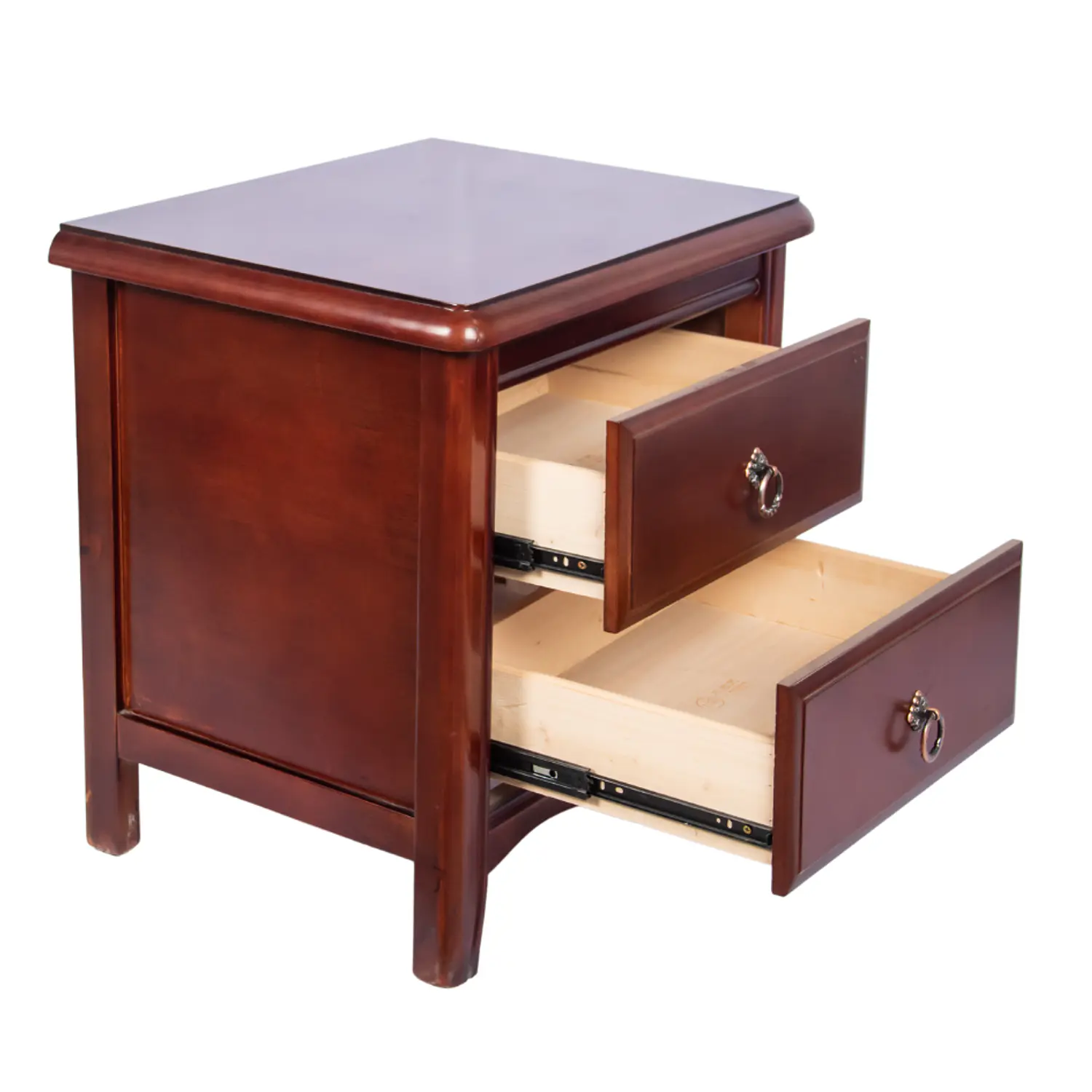 Velador de Madera Color Caoba con 2 Cajones y Tiradores Metálicos Clásicos 4