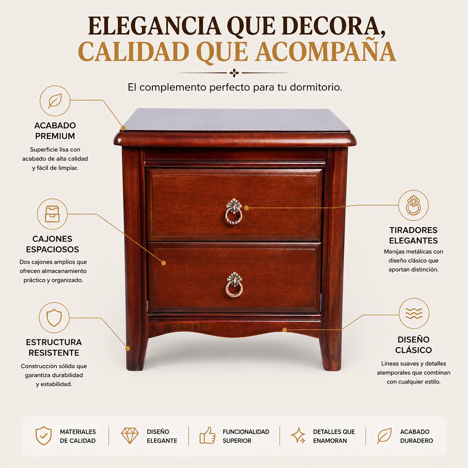 Velador de Madera Color Caoba con 2 Cajones y Tiradores Metálicos Clásicos 3