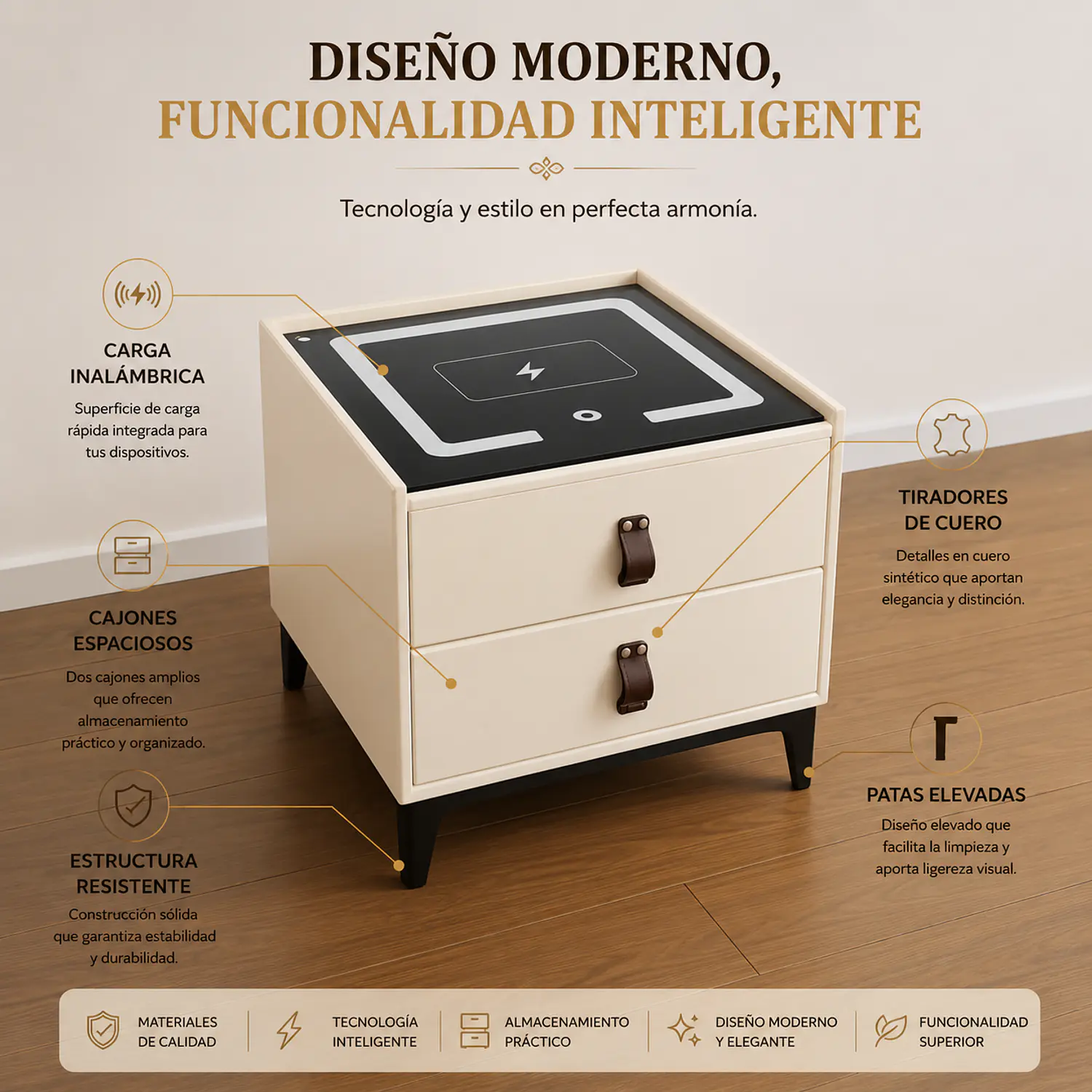 Velador Inteligente Beige con Carga Magnética y 2 Cajones 2