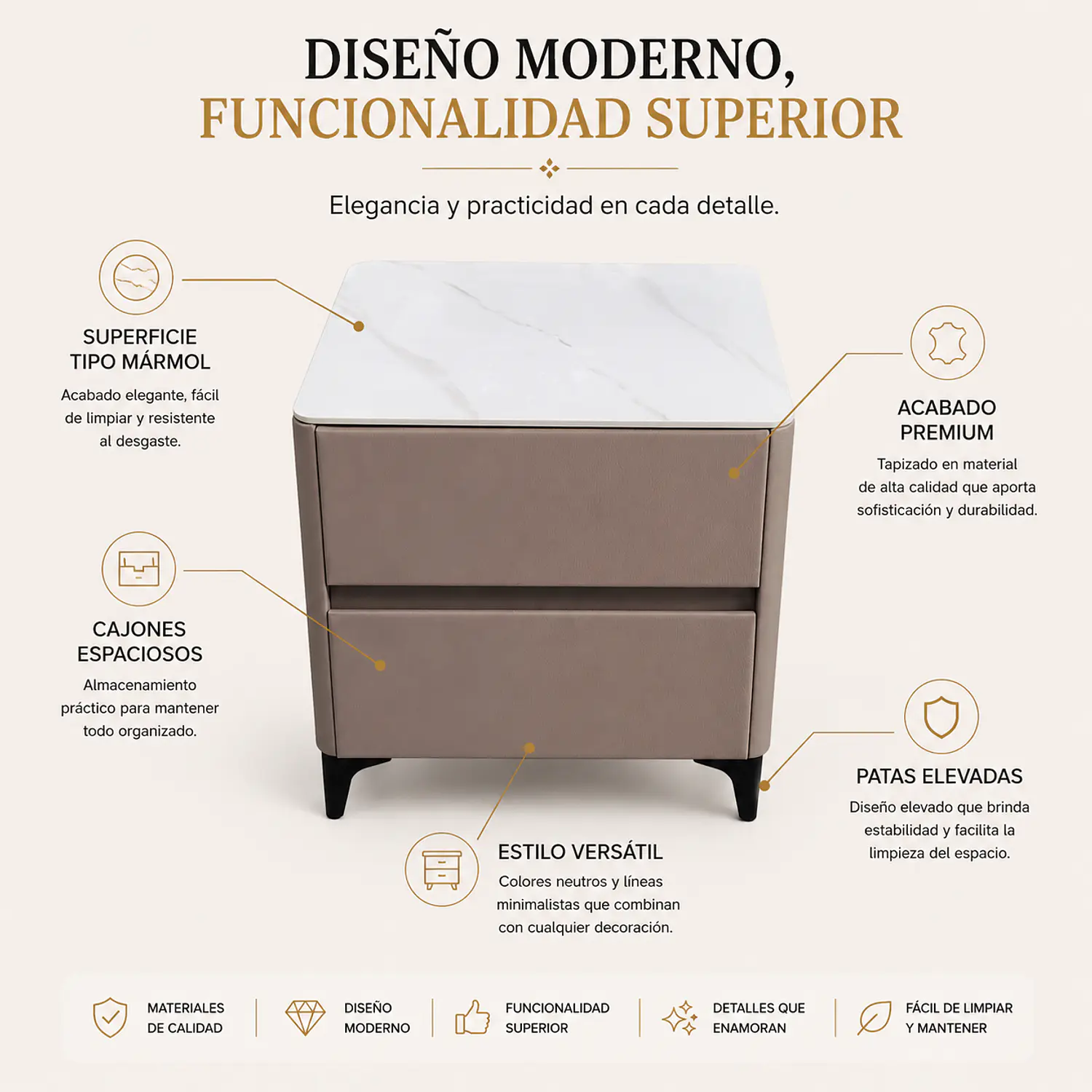 Velador Beige Moderno 2 Cajones MDF Efecto Mármol 2