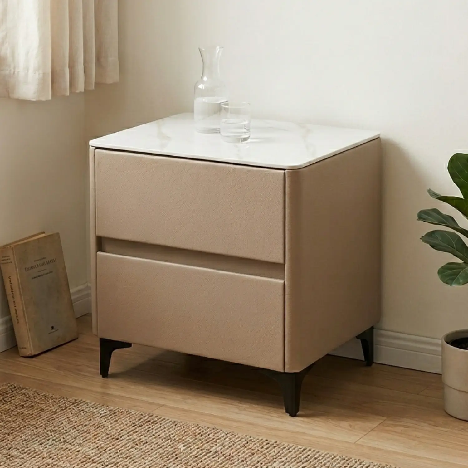 Velador Beige Moderno 2 Cajones MDF Efecto Mármol 1