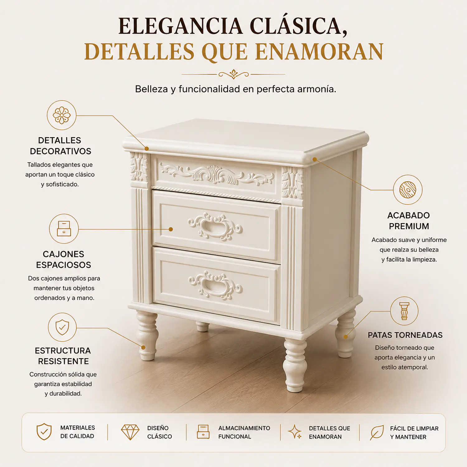 Velador Tallado Clásico de Madera con 2 Cajones 6