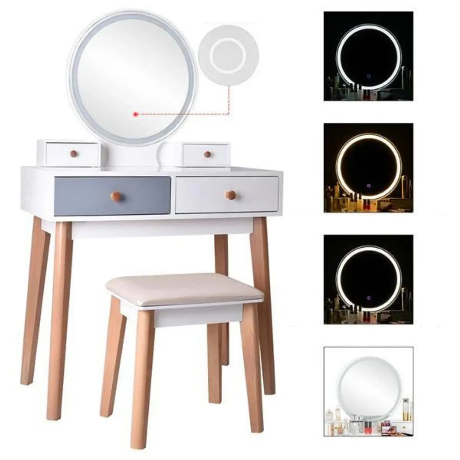 Tocador Blanco con Espejo LED y Cajones Moderno con Asiento 4