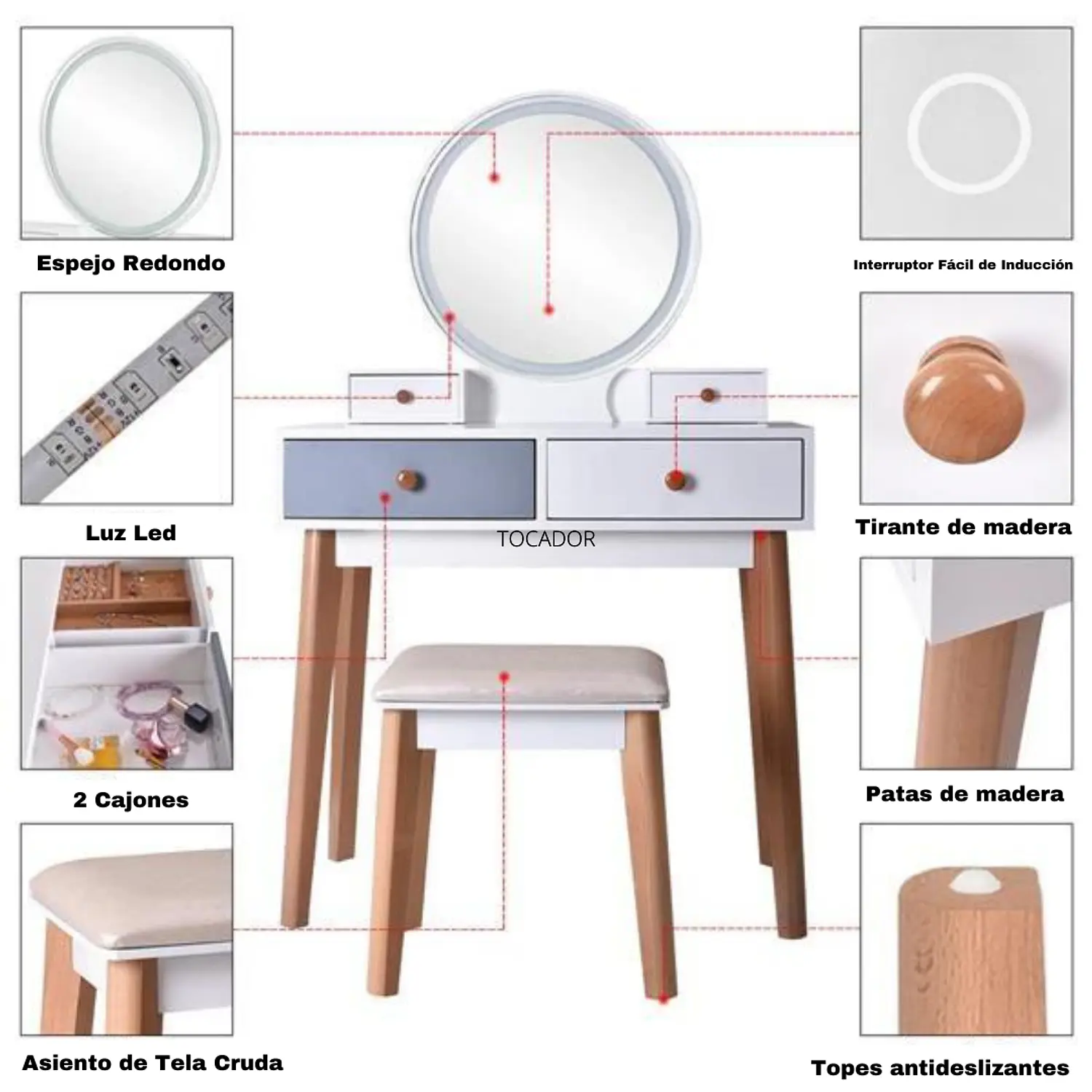 Tocador Blanco con Espejo LED y Cajones Moderno con Asiento 8