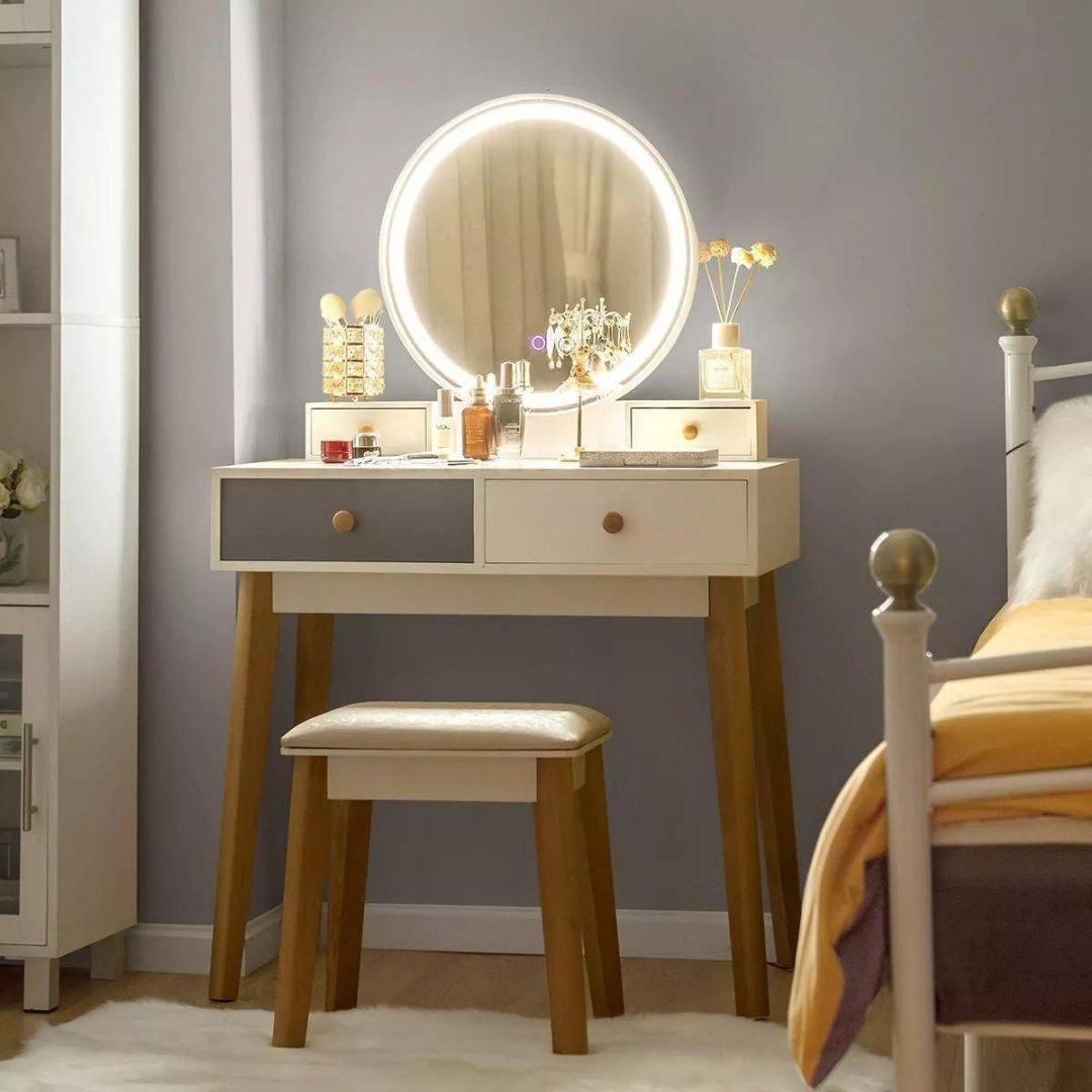 Tocador Blanco con Espejo LED y Cajones Moderno con Asiento