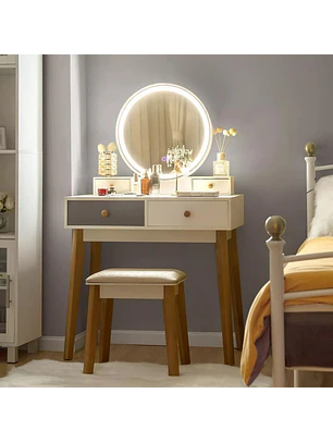 Tocador Blanco con Espejo LED y Cajones Moderno con Asiento