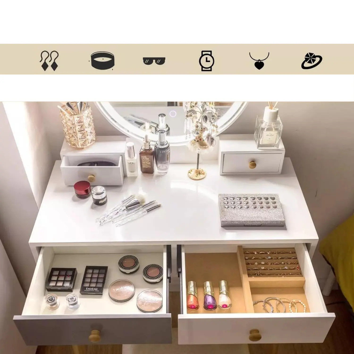 Tocador Blanco con Espejo LED y Cajones Moderno con Asiento 12