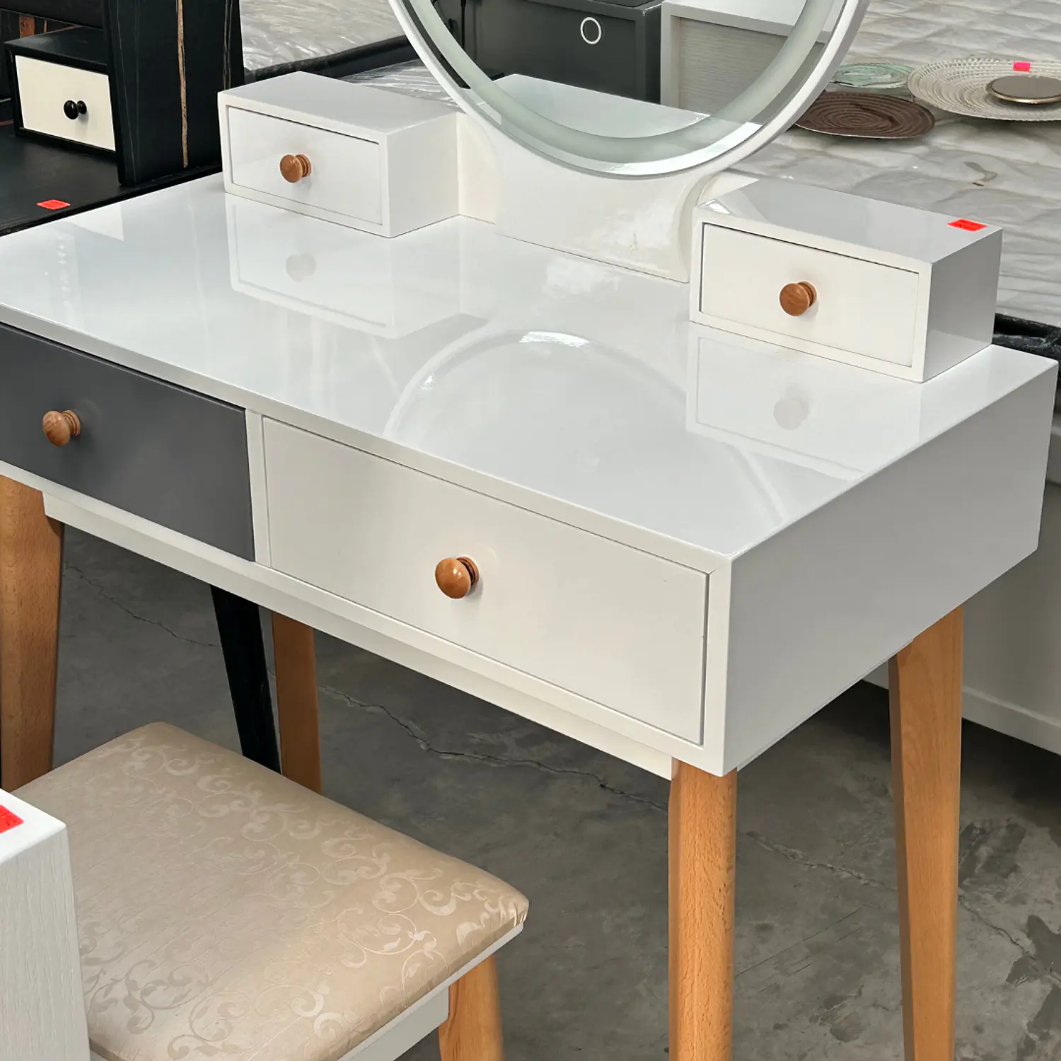 Tocador Blanco con Espejo LED y Cajones Moderno con Asiento 14