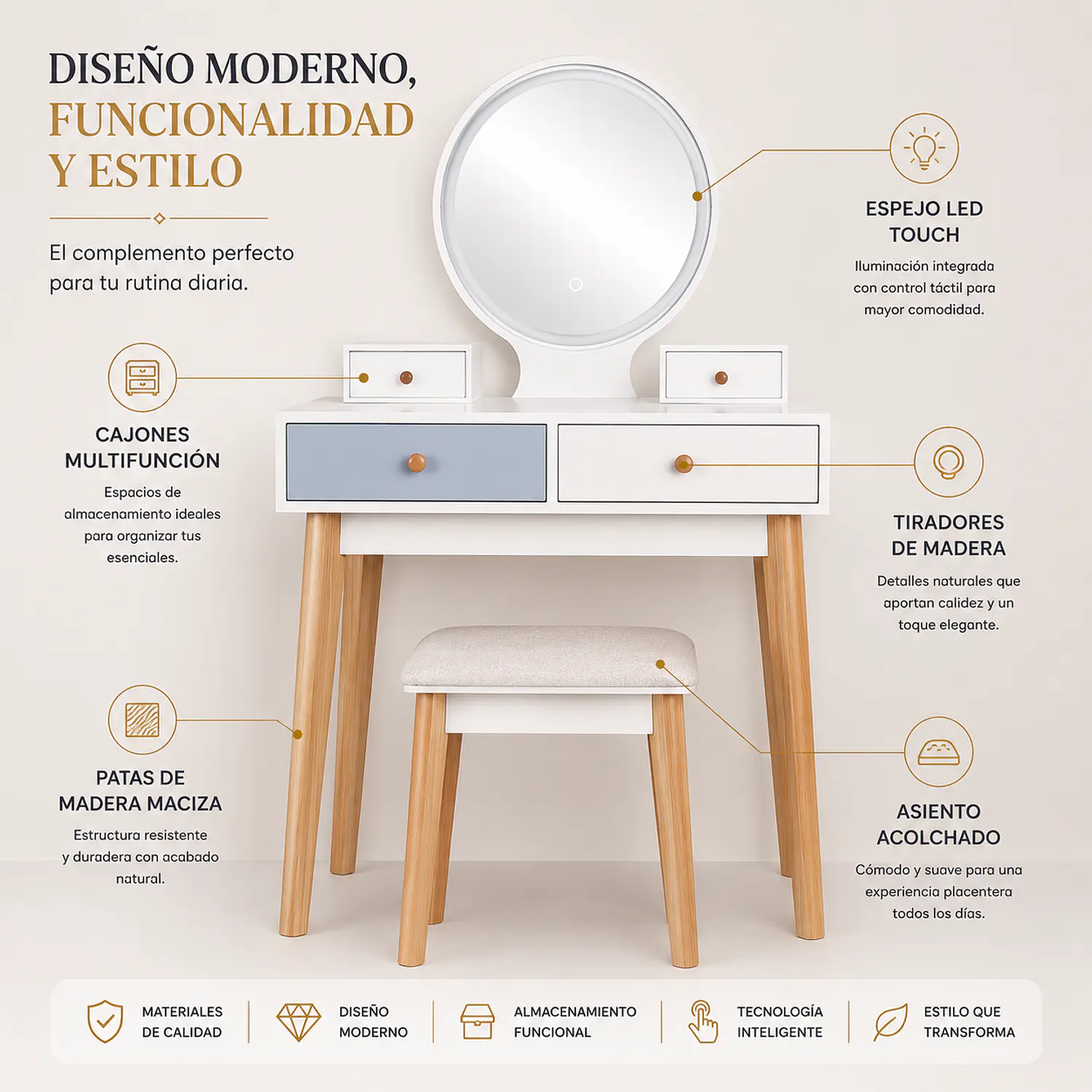 Tocador Blanco con Espejo LED y Cajones Moderno con Asiento 3