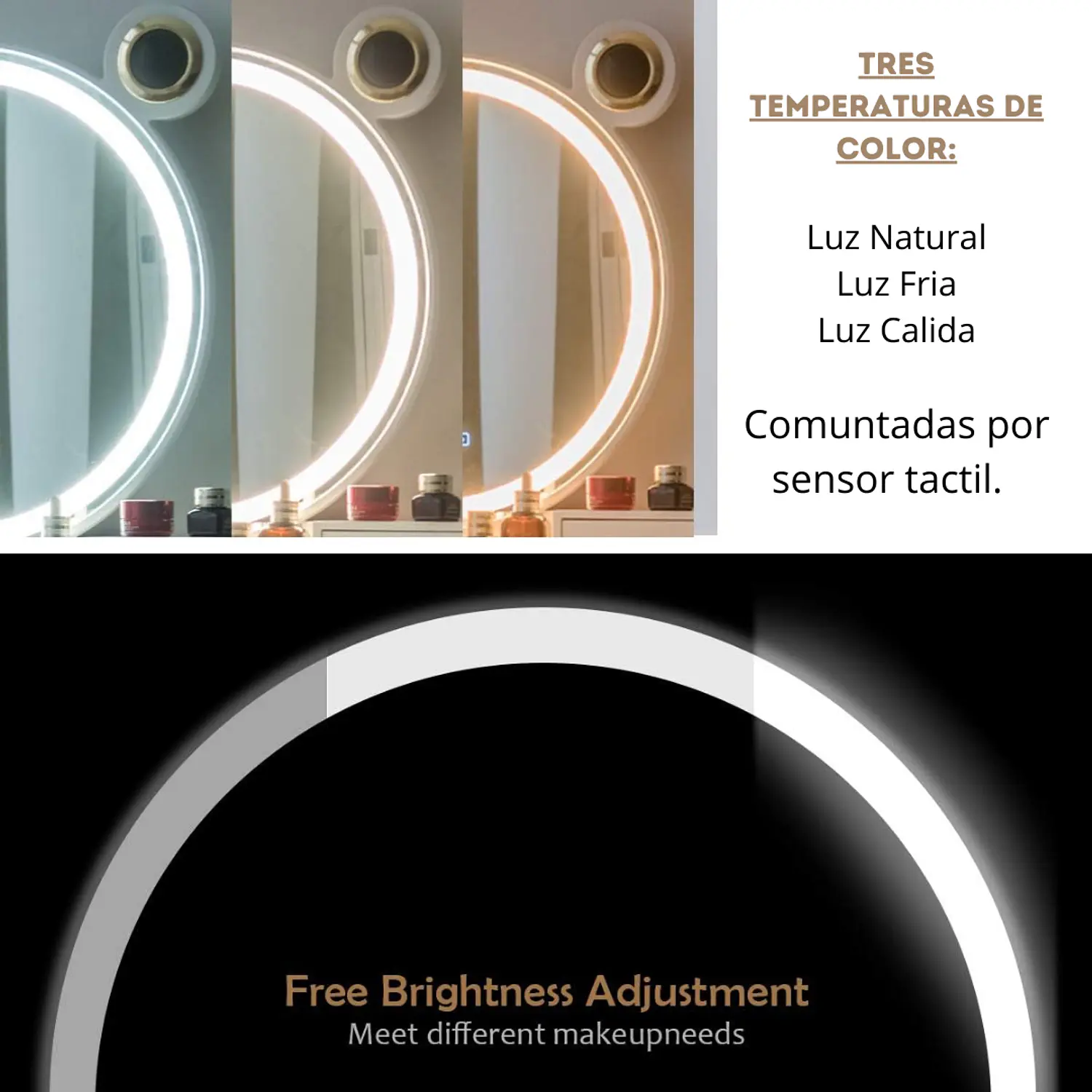 Tocador Blanco con Espejo Led Ovalado Base Metálica Cajón y Asiento 4