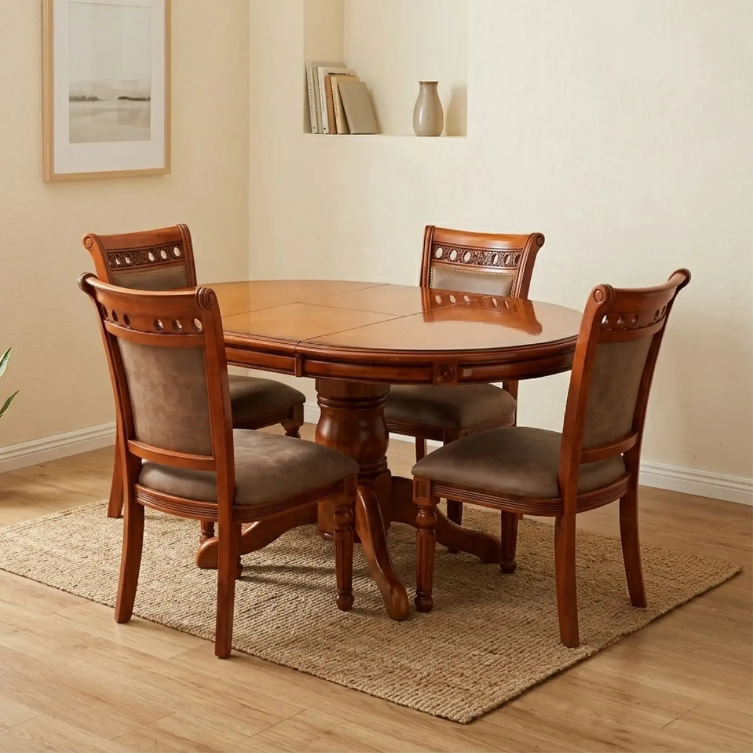 Comedor Ovalado Retráctil y 4 Sillas Madera Roble Americano 1