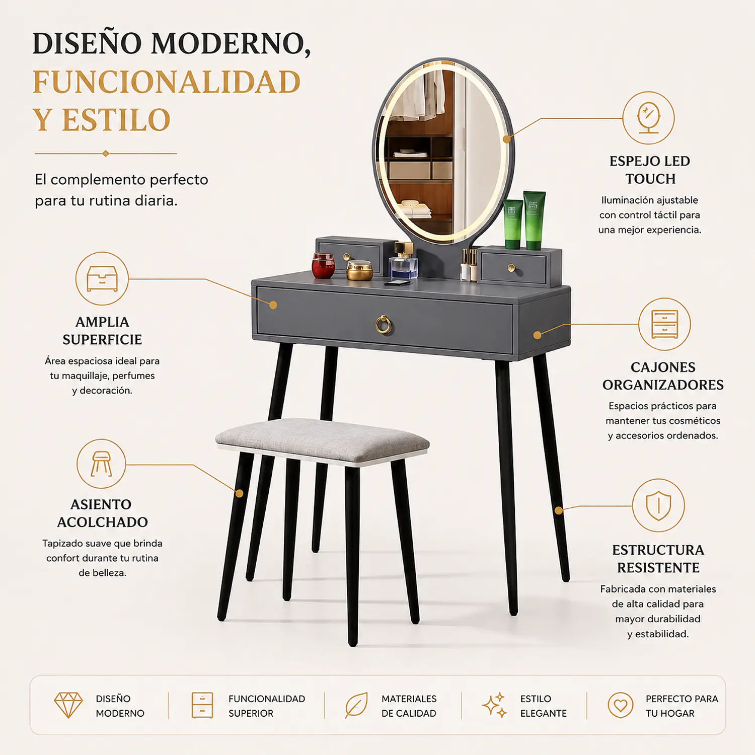 Tocador Gris con Espejo LED Ovalado con Base Metálica y Asiento  3