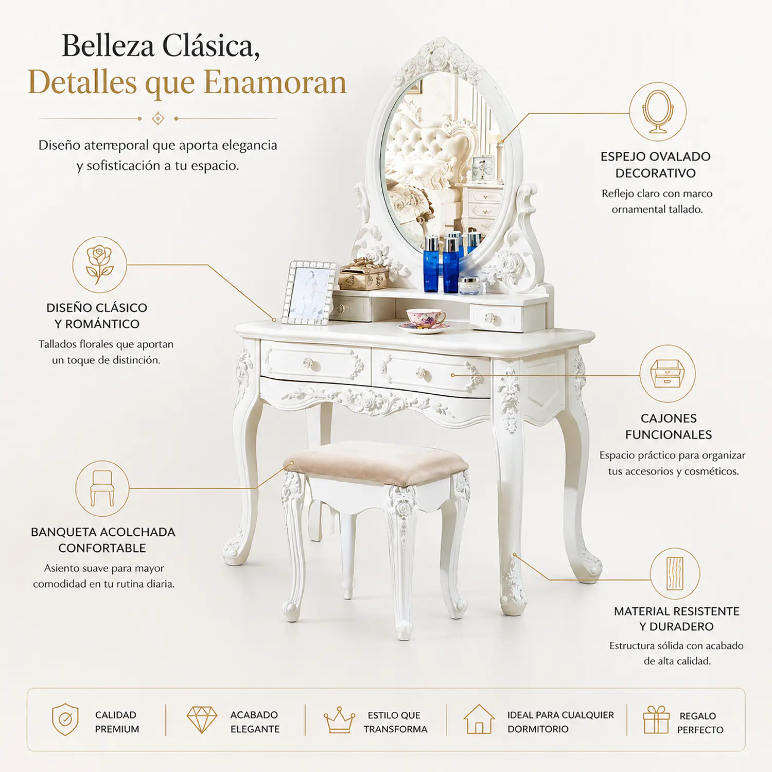 Tocador Vintage Blanco con Espejo Incluye Asiento 3