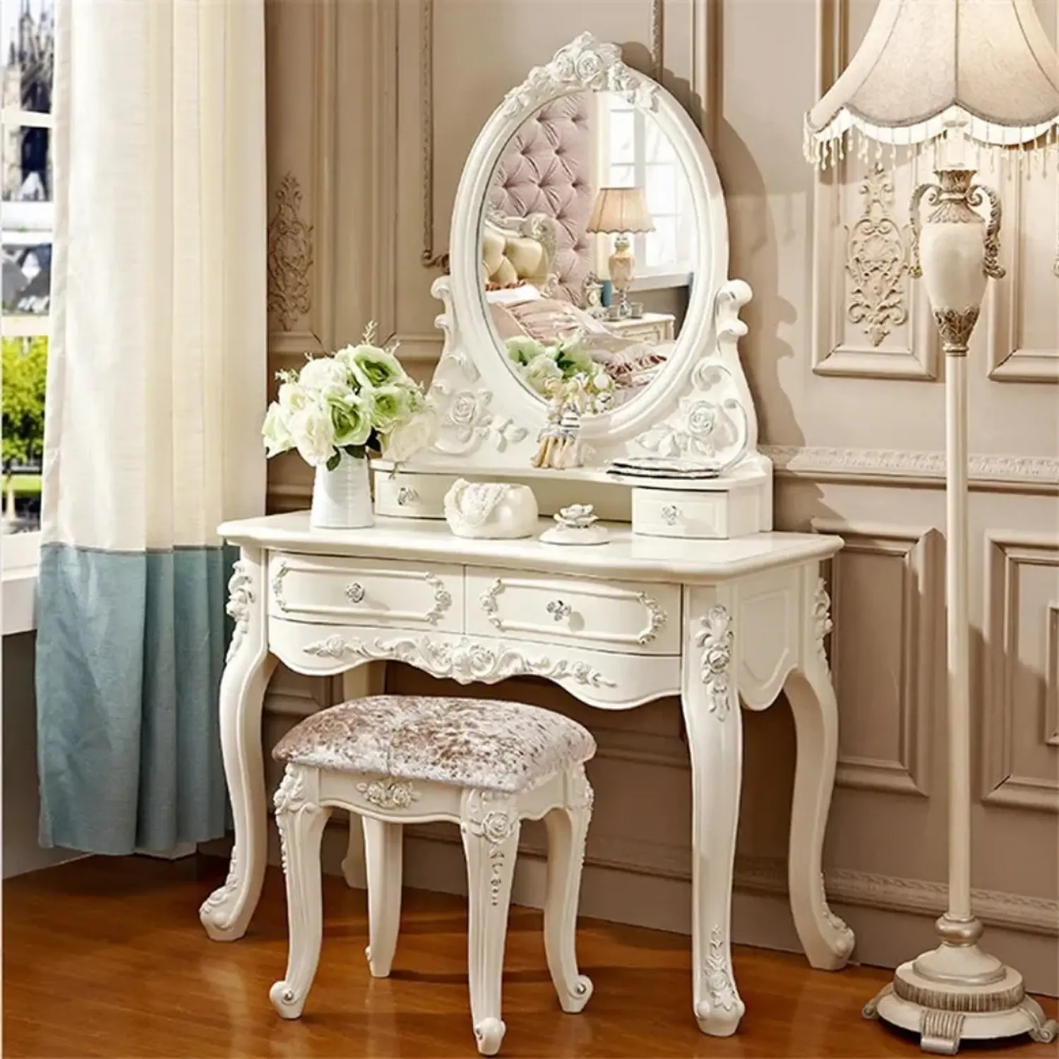 Tocador Vintage Blanco con Espejo Incluye Asiento 4