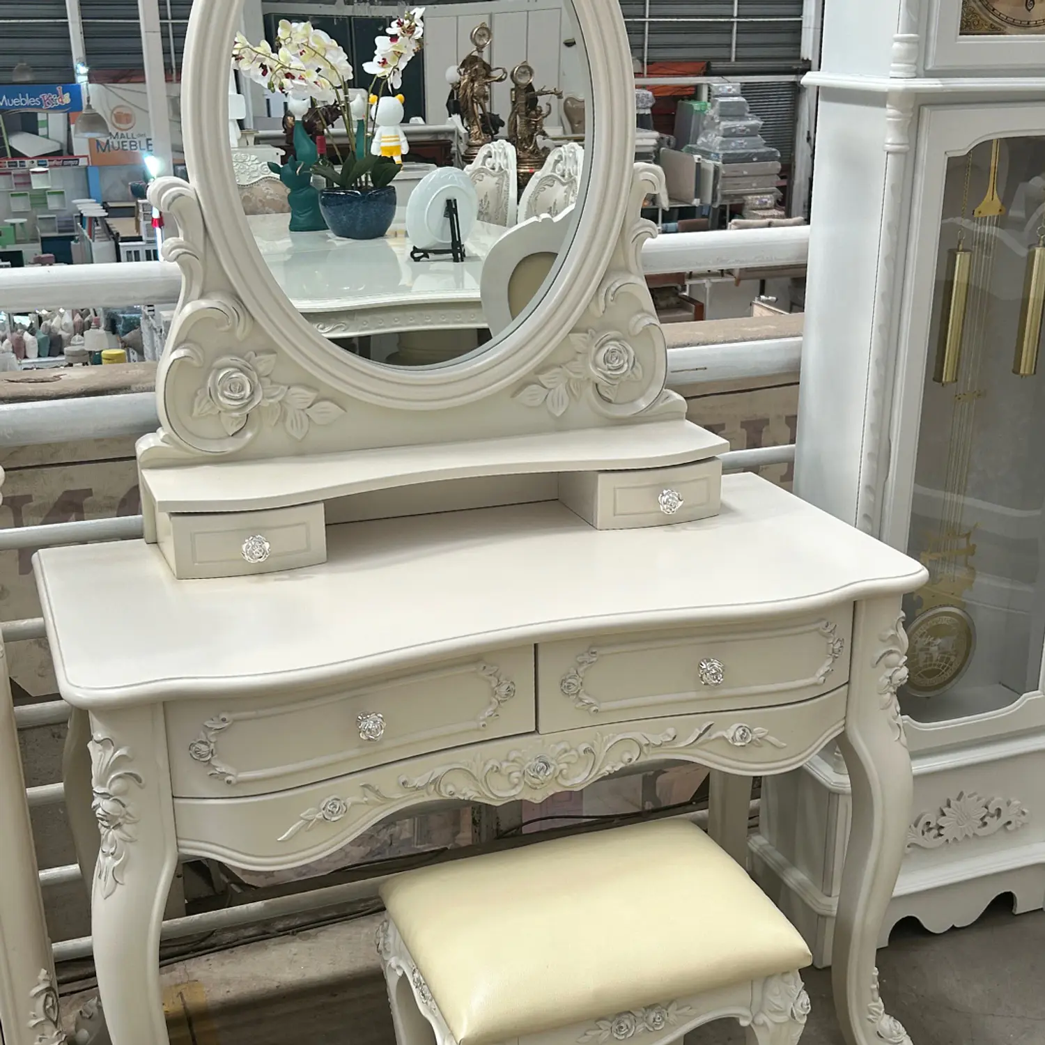 Tocador Vintage Blanco con Espejo Incluye Asiento 11