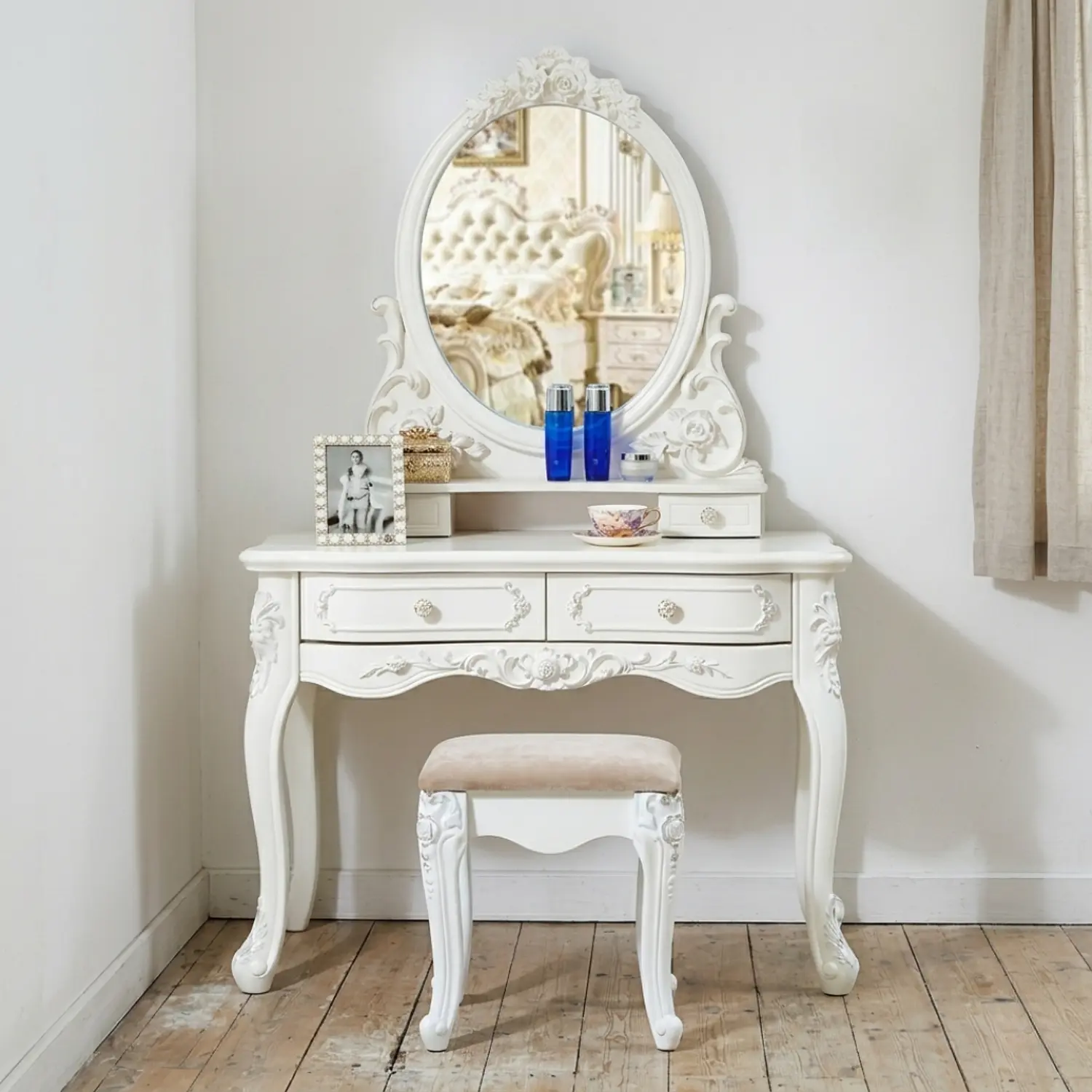Tocador Vintage Blanco con Espejo Incluye Asiento 1