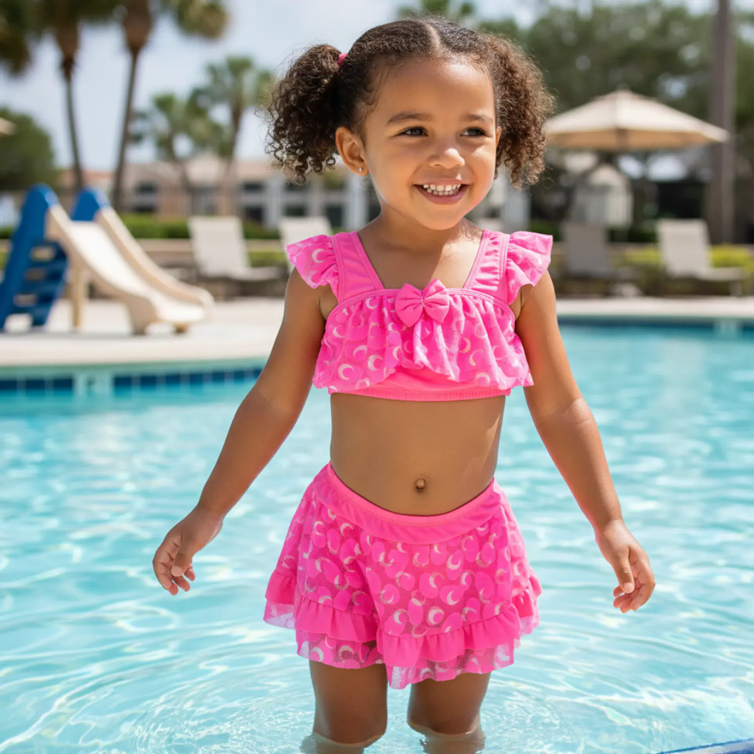 Traje de Baño Infantil Rosa con Vestido y Pantaloncillo para Niña UV 2