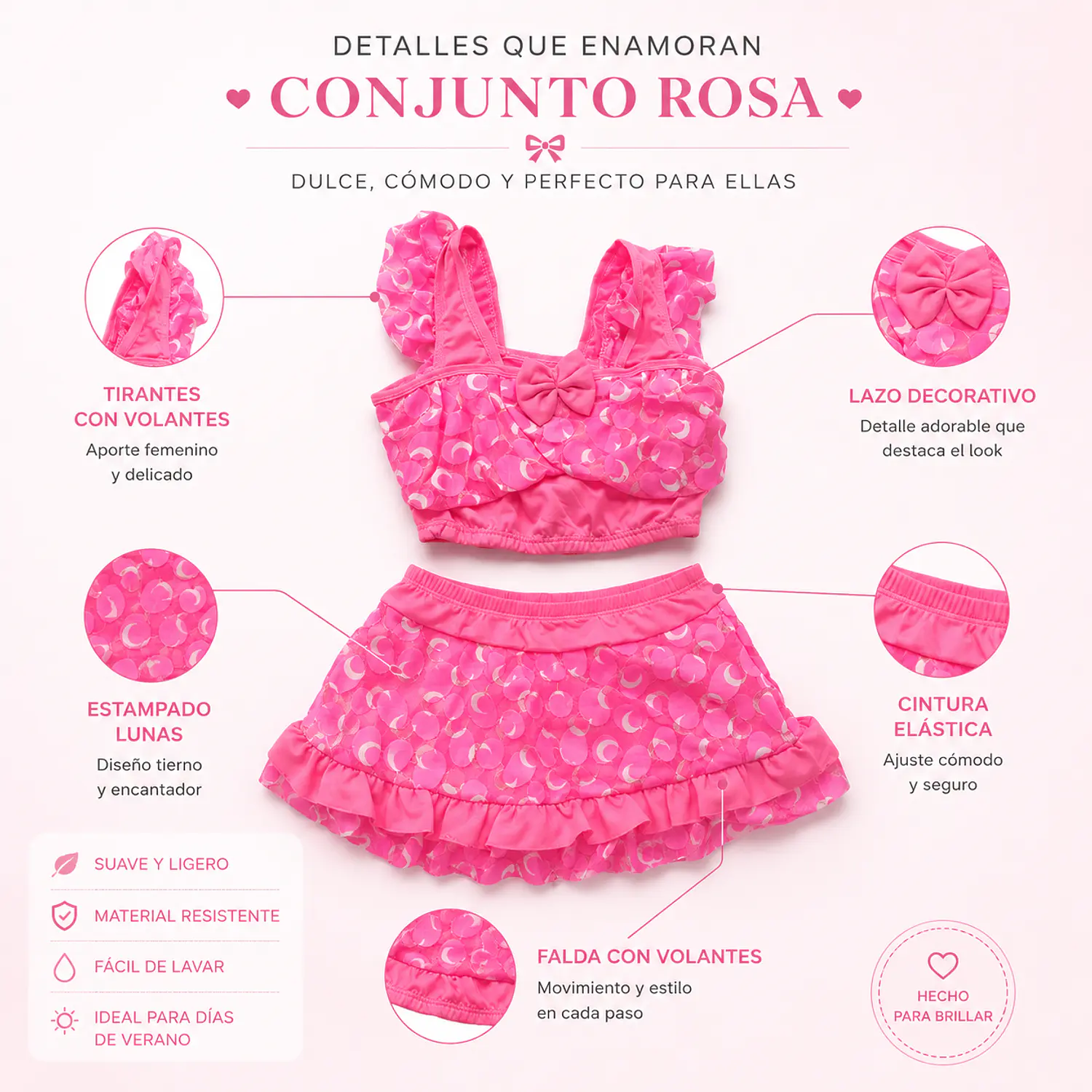 Traje de Baño Infantil Rosa con Vestido y Pantaloncillo para Niña UV 3