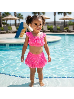 Traje de Baño Infantil Rosa con Vestido y Pantaloncillo para Niña UV