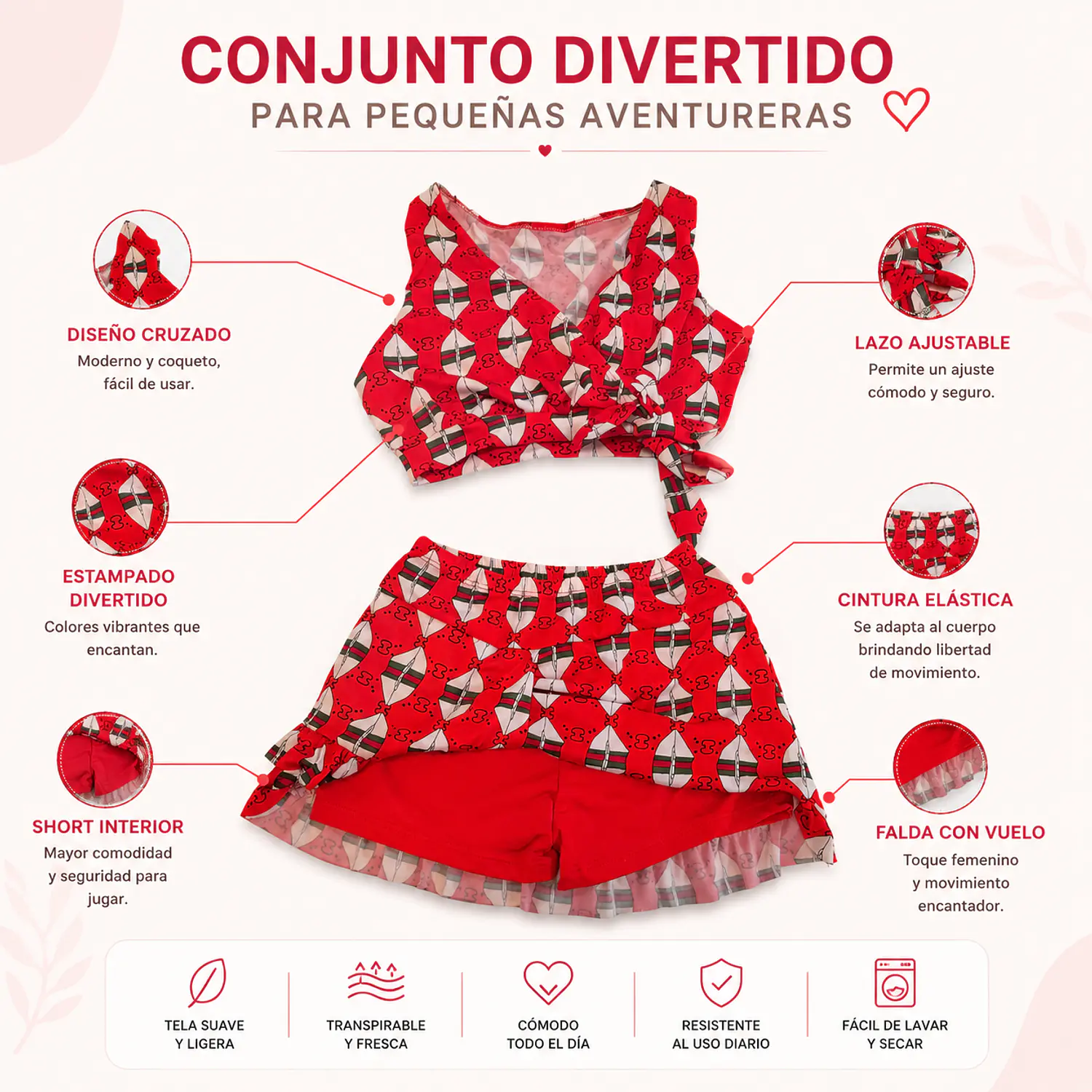 Traje de Baño Niña 2 Piezas con Short Lycra Rojo Talla M 3