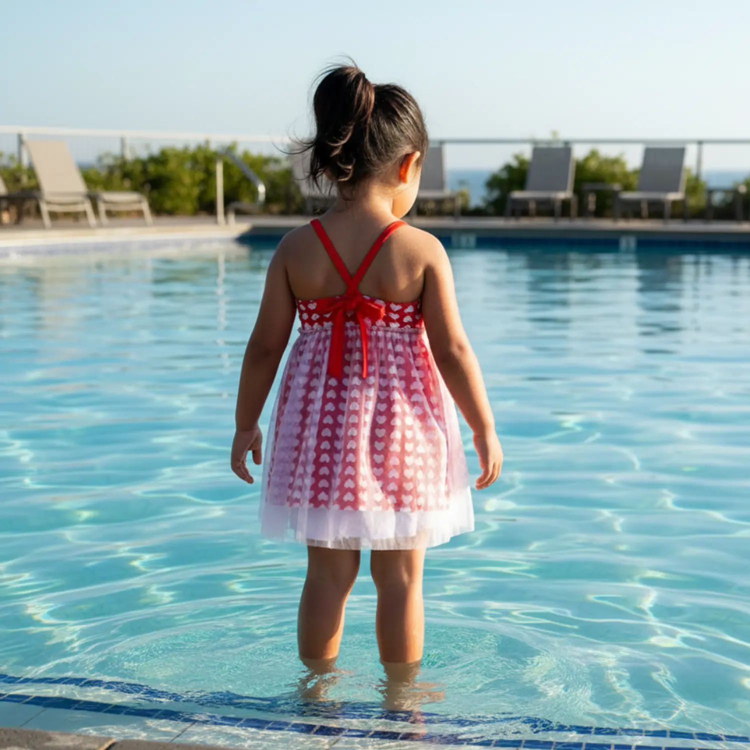 Traje de Baño Infantil Vestido con Short Corazones Rojo M 2