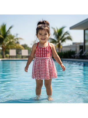Traje de Baño Infantil Vestido con Short Corazones Rojo M