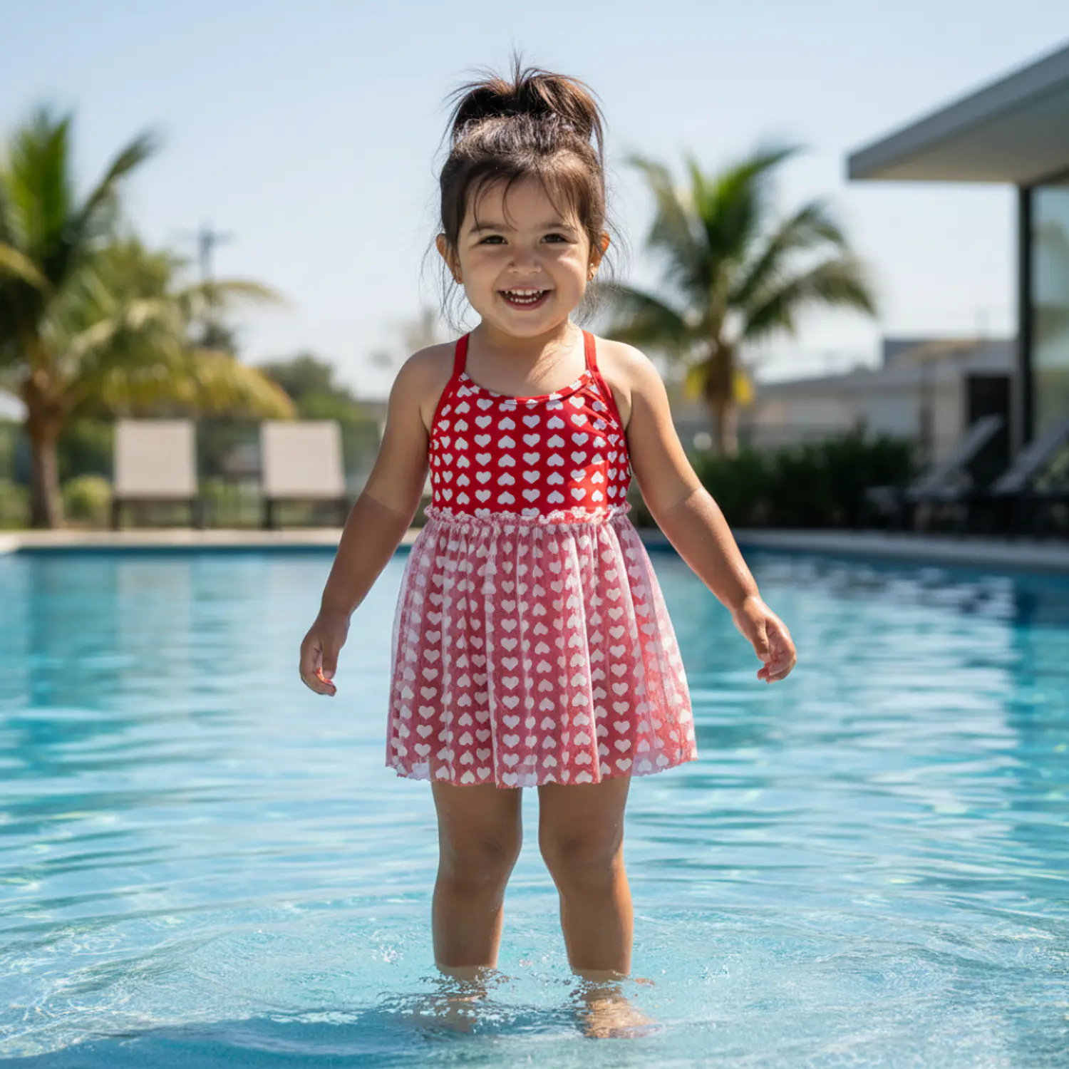 Traje de Baño Infantil Vestido con Short Corazones Rojo M 1