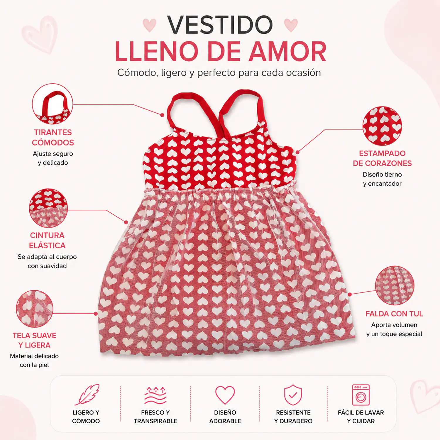 Traje de Baño Infantil Vestido con Short Corazones Rojo M 3
