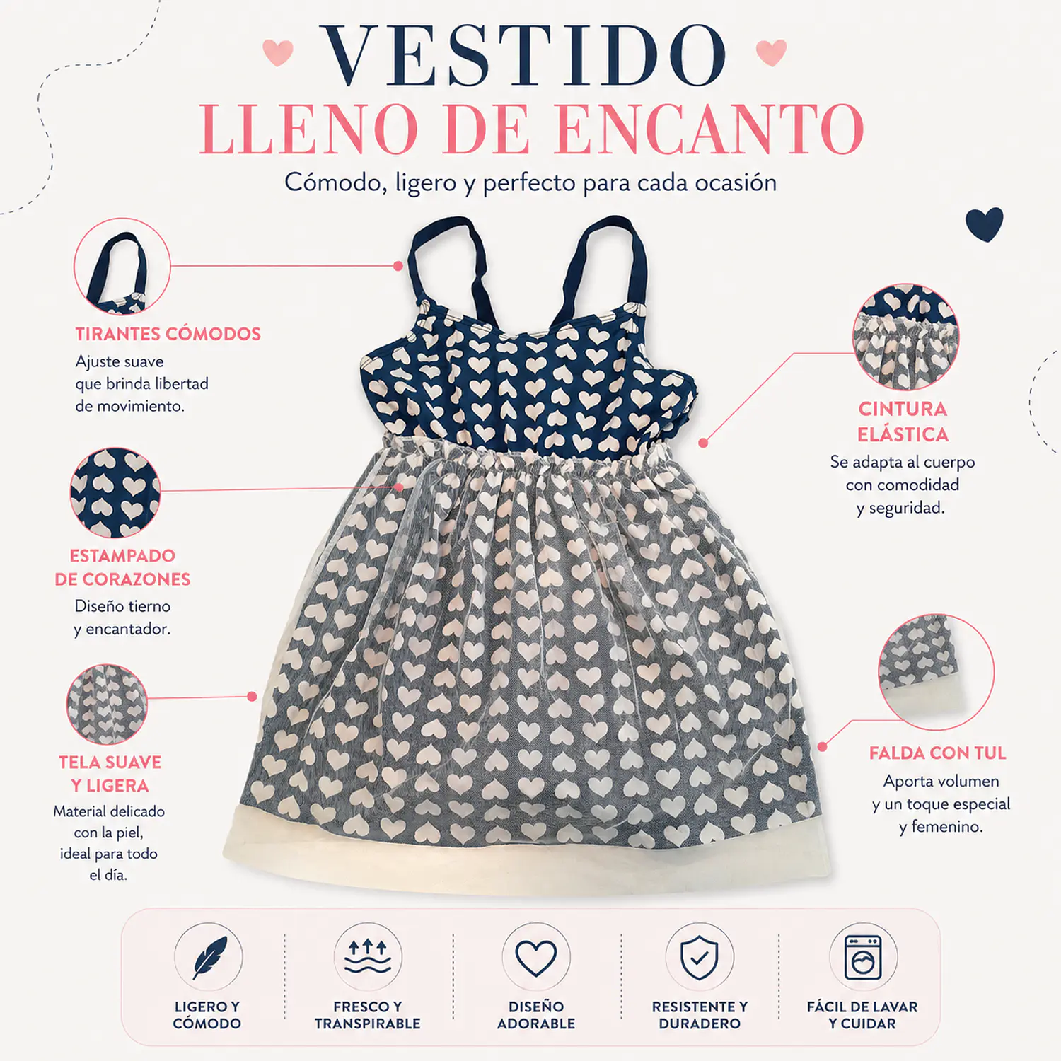 Traje de Baño Vestido Azul Marino con Corazones Talla M 3