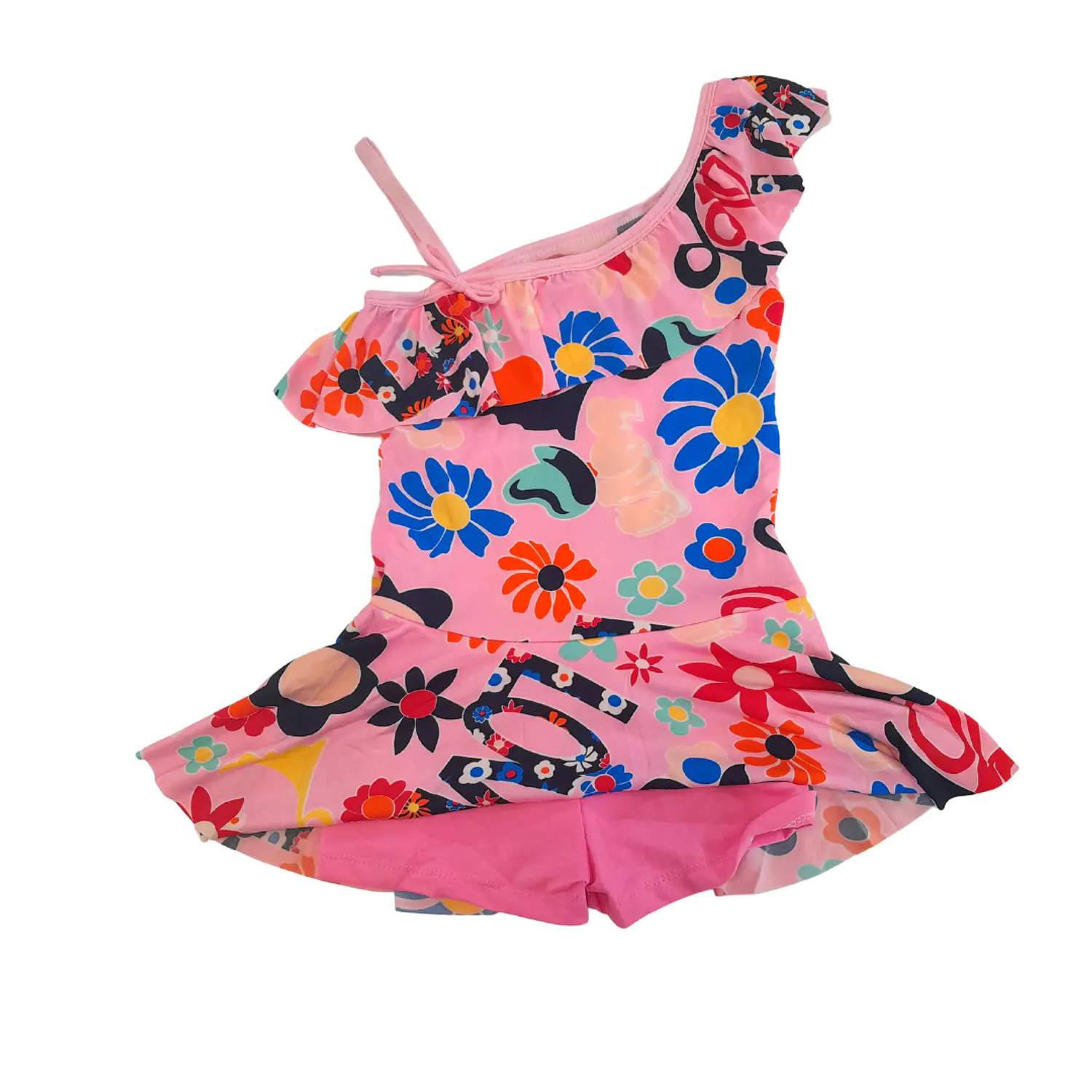 Traje de Baño Vestido Rosado para Niña con Short y Gorrito 5