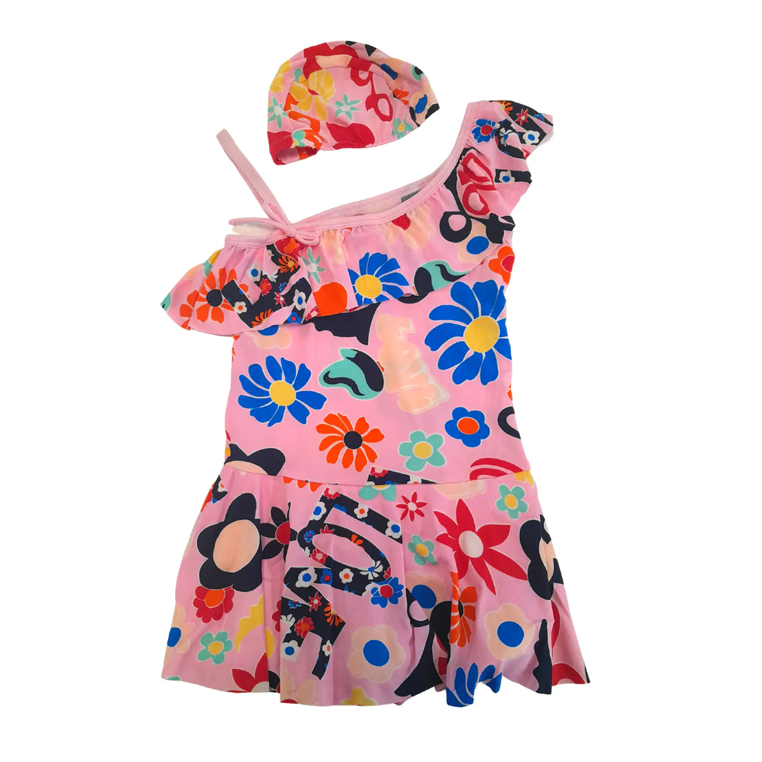 Traje de Baño Vestido Rosado para Niña con Short y Gorrito 4