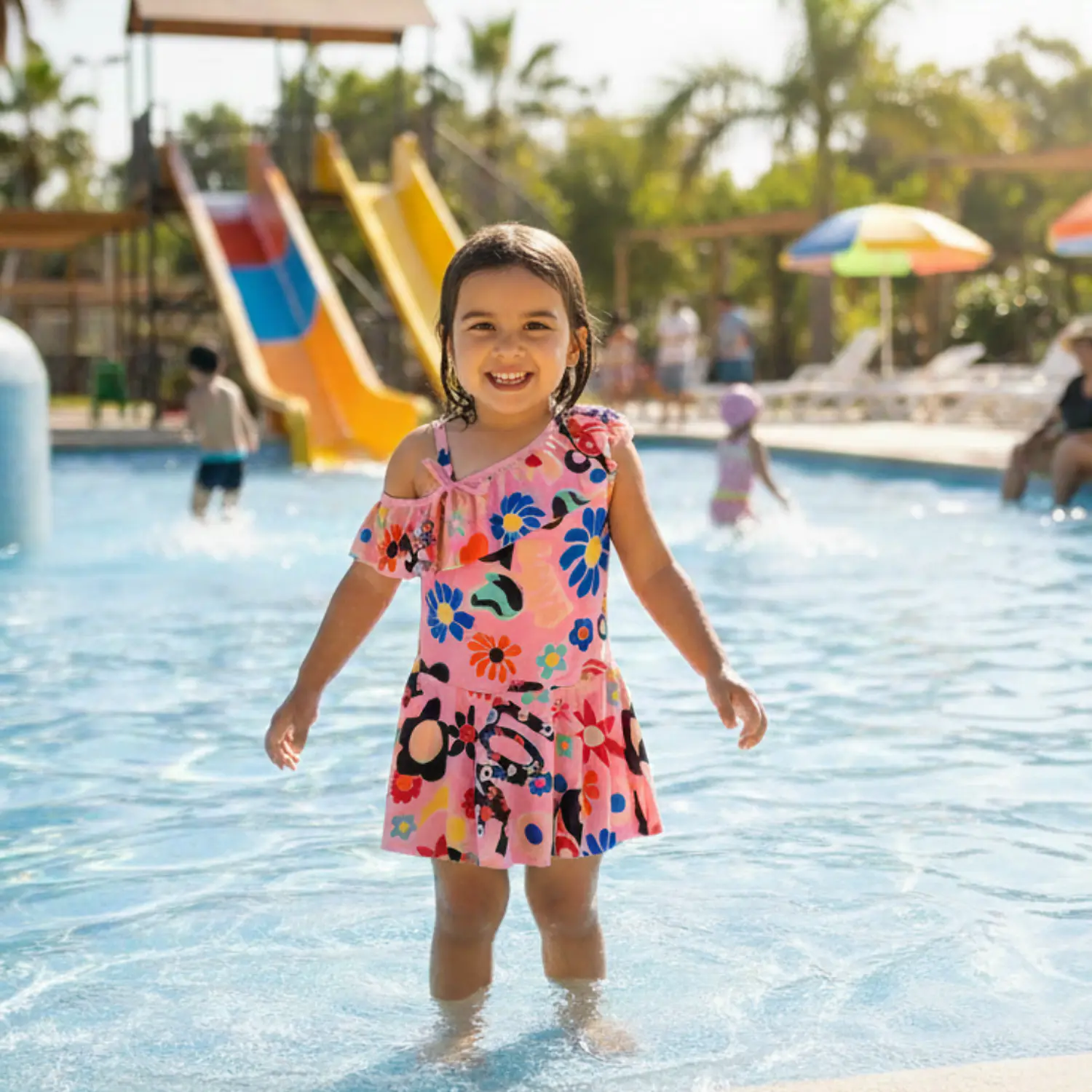 Traje de Baño Vestido Rosado para Niña con Short y Gorrito 2