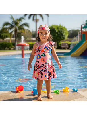 Traje de Baño Vestido Rosado para Niña con Short y Gorrito
