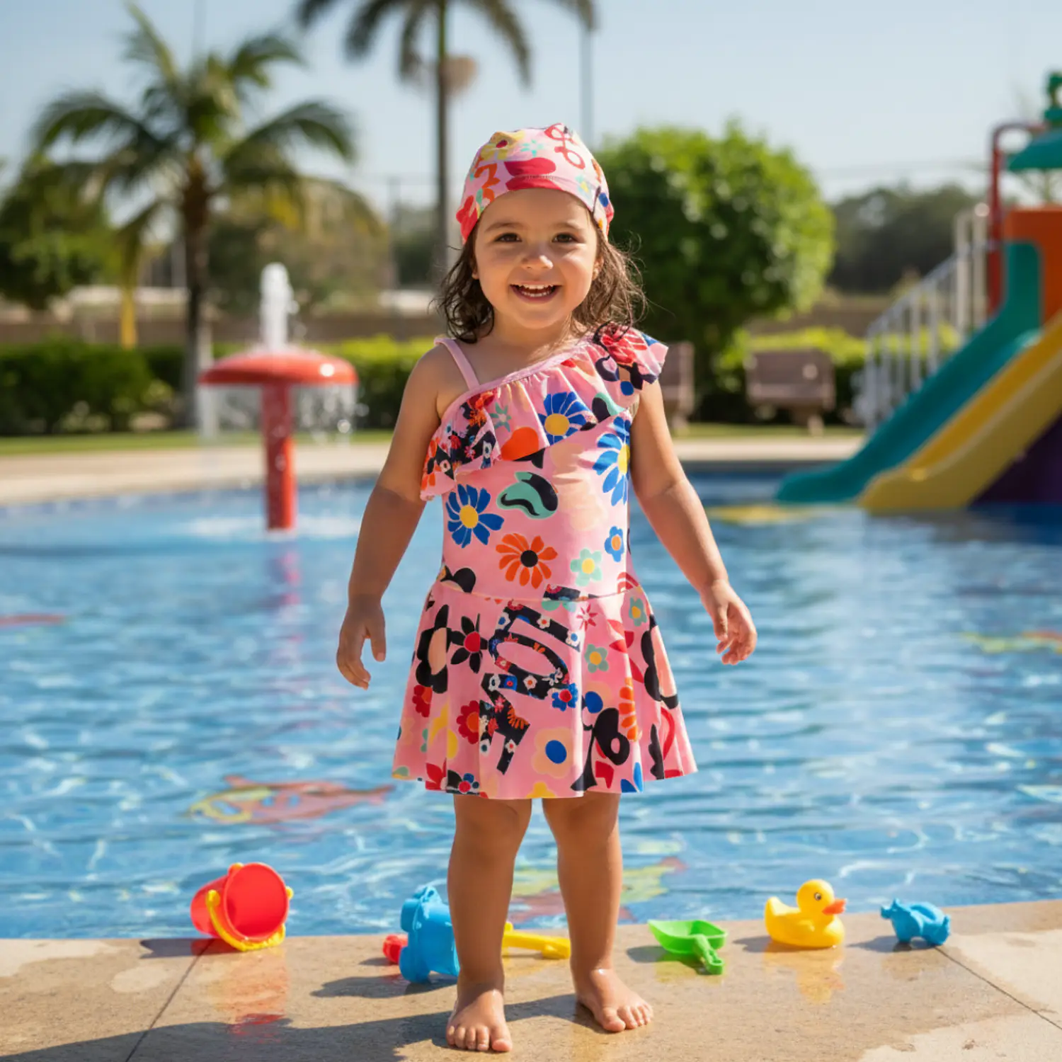 Traje de Baño Vestido Rosado para Niña con Short y Gorrito 1