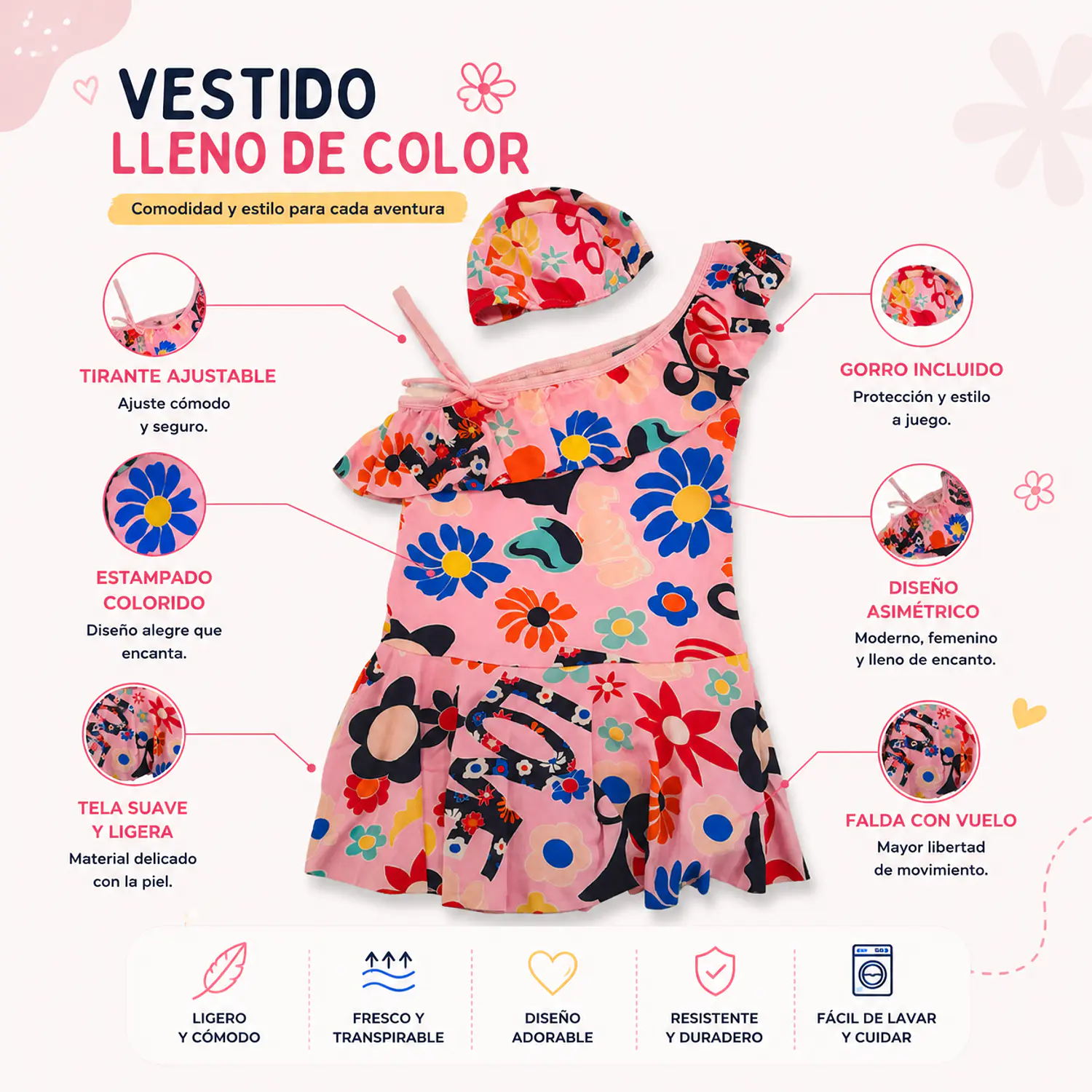Traje de Baño Vestido Rosado para Niña con Short y Gorrito 3