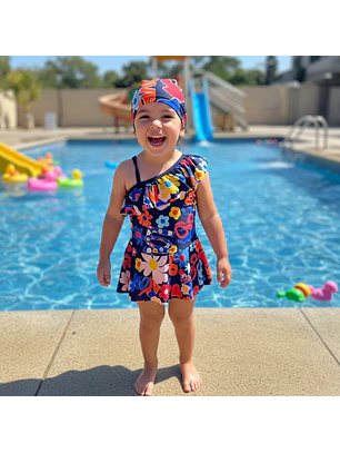 Traje de Baño Infantil Azul con Falda Short y Sombrero