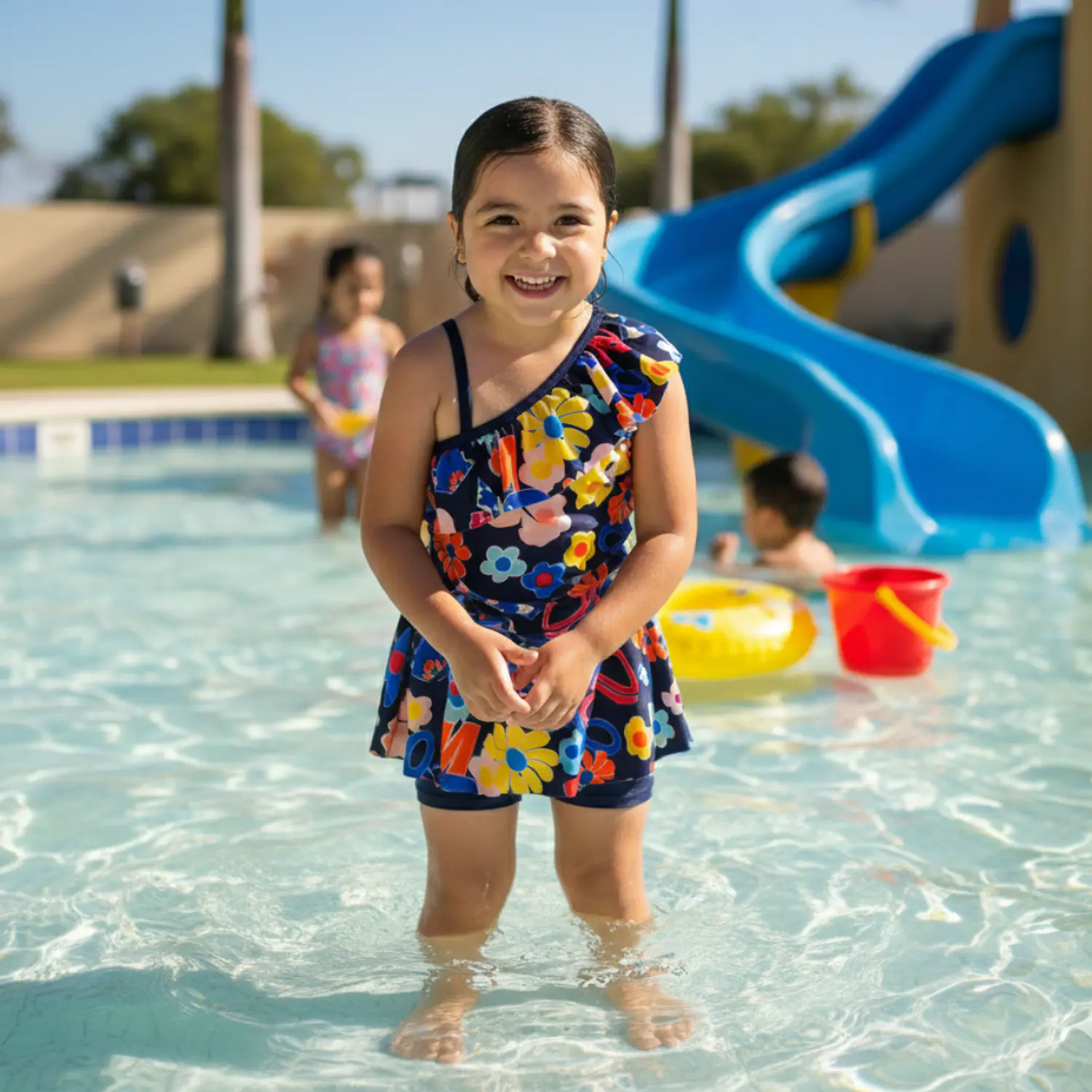 Traje de Baño Infantil Azul con Falda Short y Sombrero 2