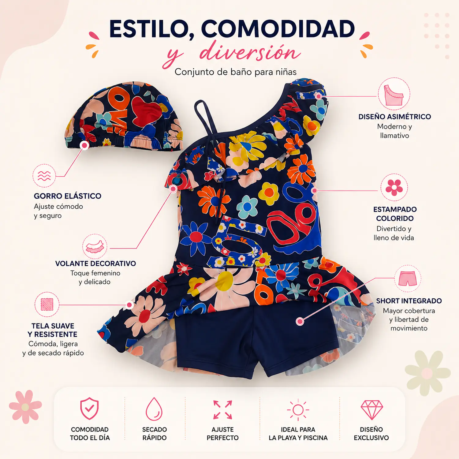Traje de Baño Infantil Azul con Falda Short y Sombrero 3