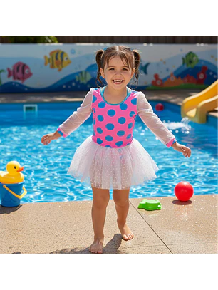 Traje de Baño de Niña Rosado con Falda Tutú y Mangas Largas UV