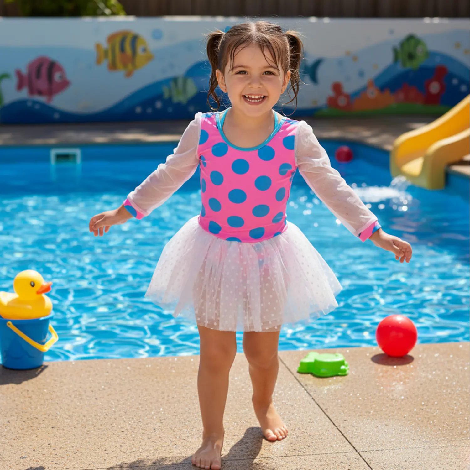 Traje de Baño de Niña Rosado con Falda Tutú y Mangas Largas UV 1