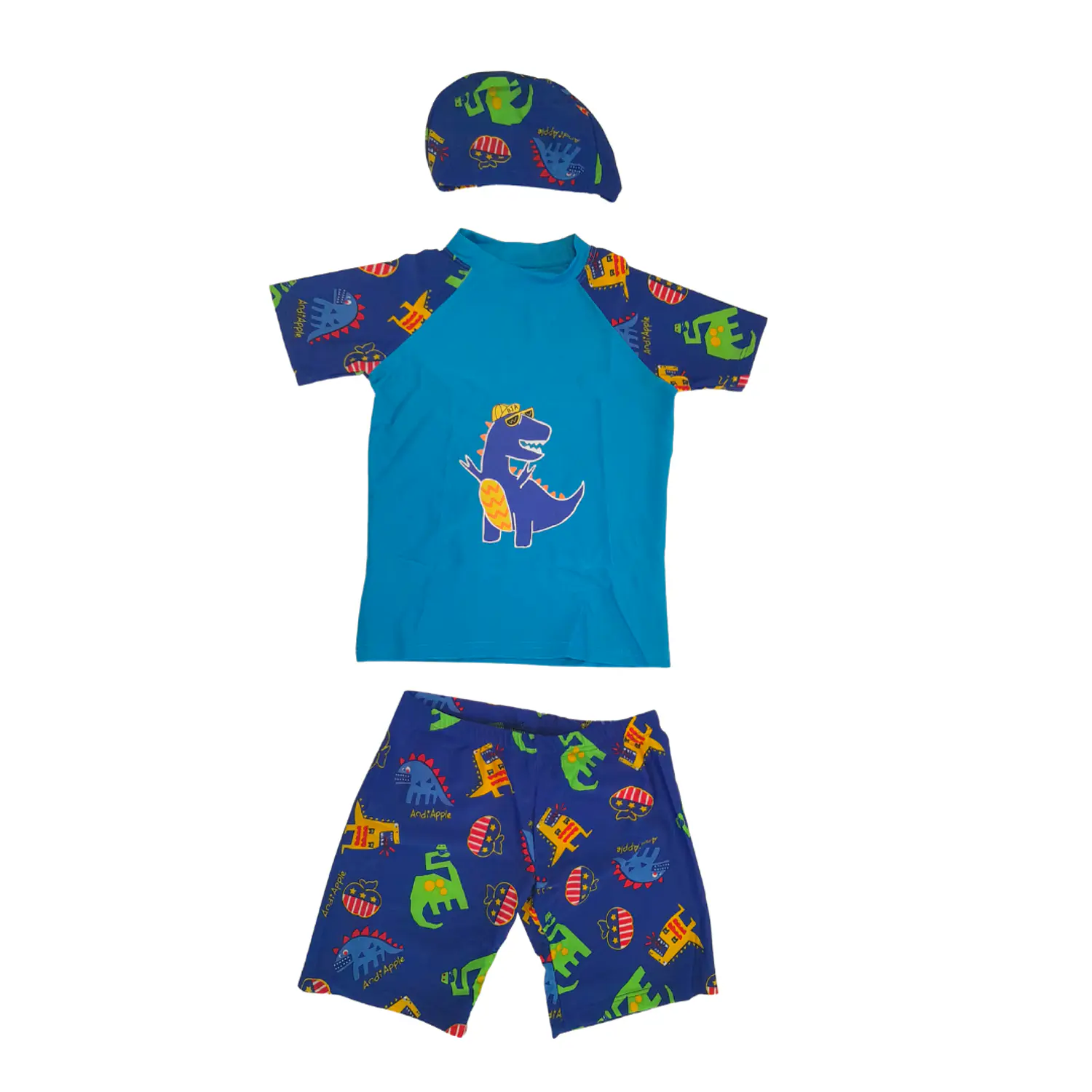 Traje de Baño Dinosaurio Azul con Gorro UV Infantil 4