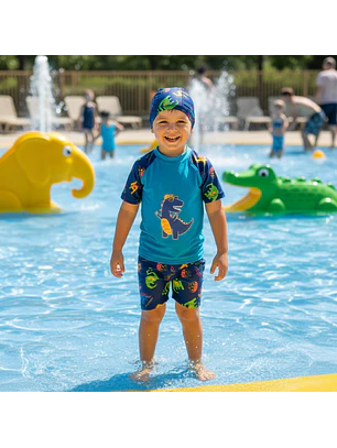Traje de Baño Dinosaurio Azul con Gorro UV Infantil