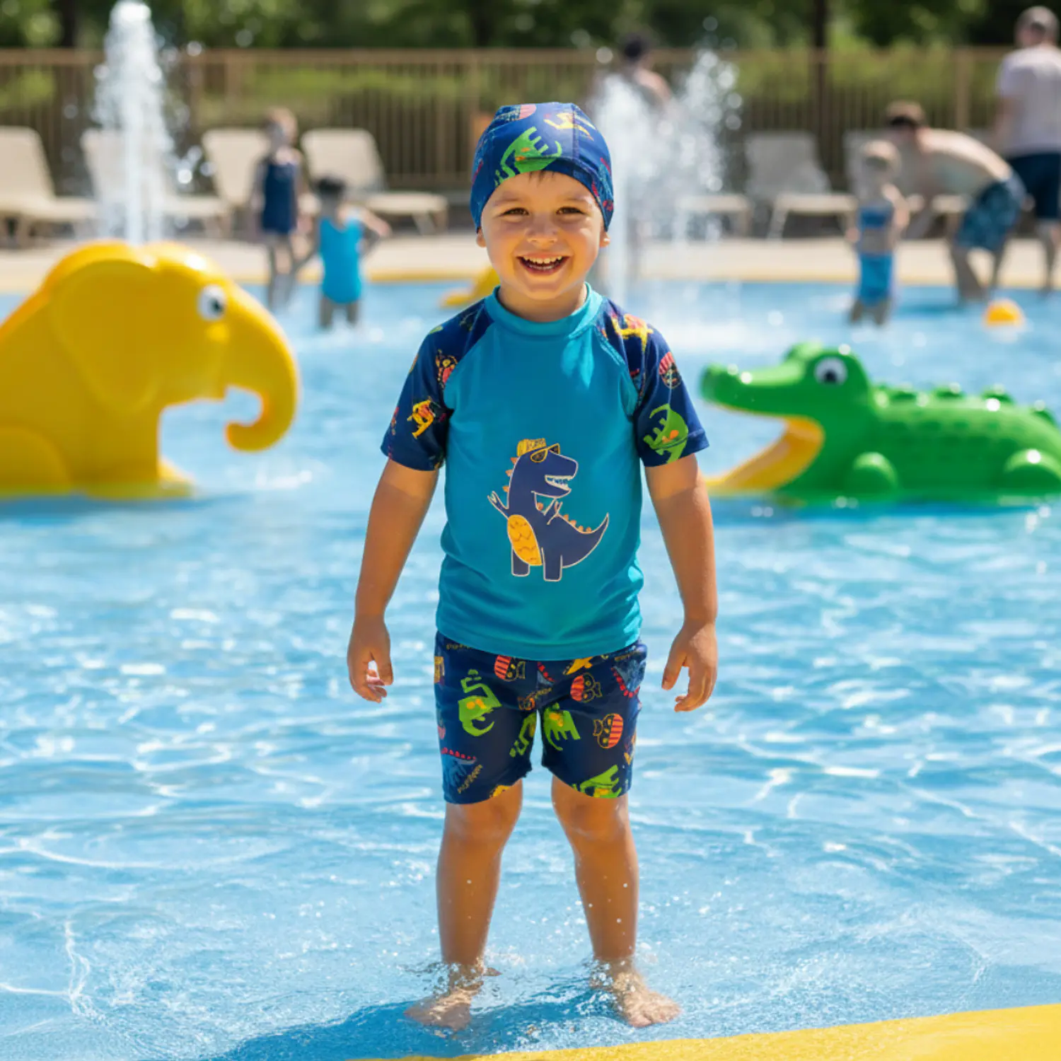 Traje de Baño Dinosaurio Azul con Gorro UV Infantil 1