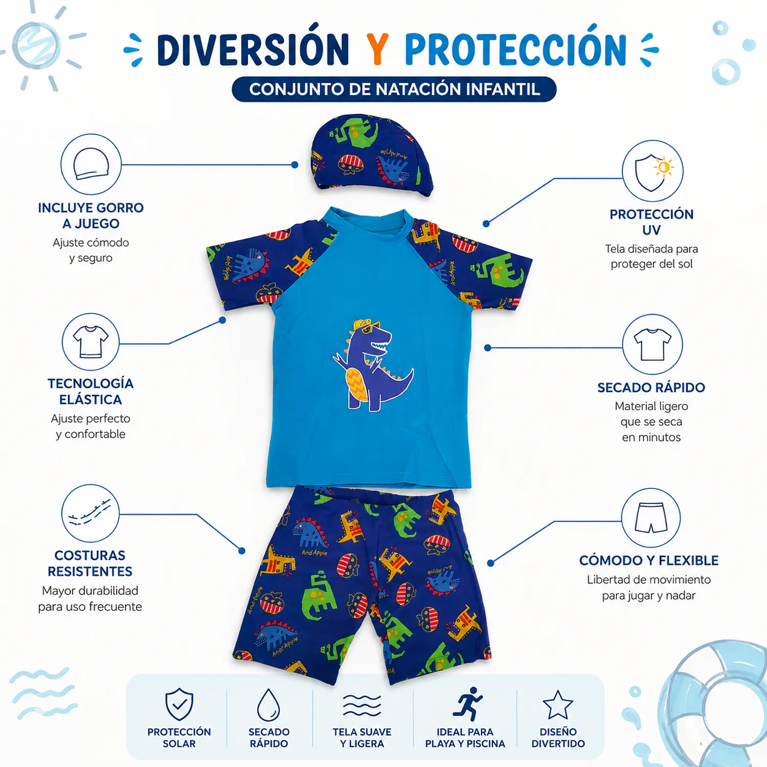 Traje de Baño Dinosaurio Azul con Gorro UV Infantil 2