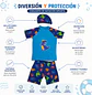 Traje de Baño Dinosaurio Azul con Gorro UV Infantil - Miniatura 2