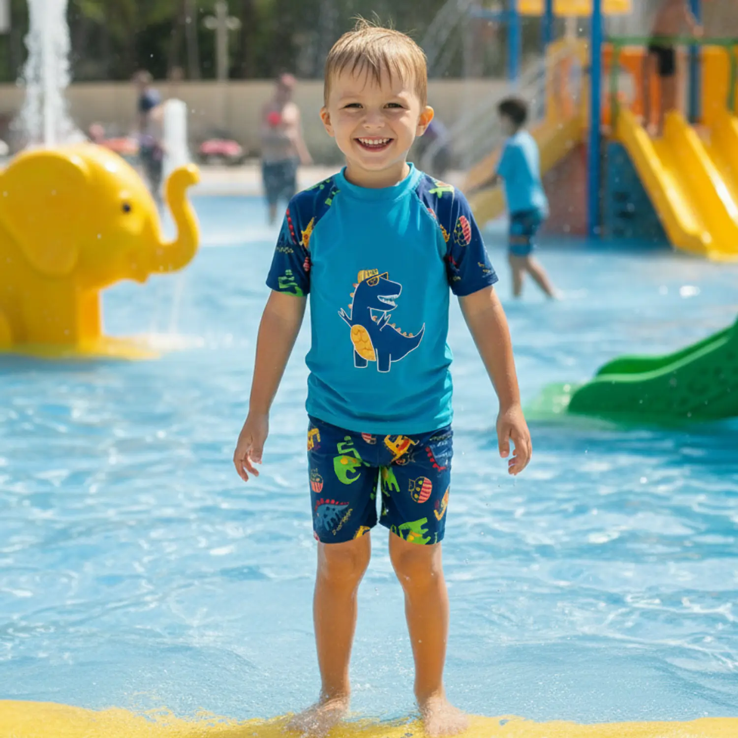 Traje de Baño Dinosaurio Azul con Gorro UV Infantil 3