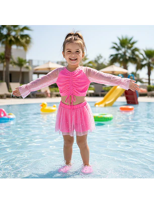 Traje de Baño Niña Rosado Manga Larga con Short Talla M