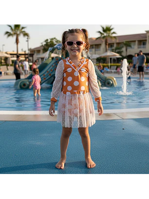 Traje de Baño Niña Manga Larga Melón con Tul y Lunares