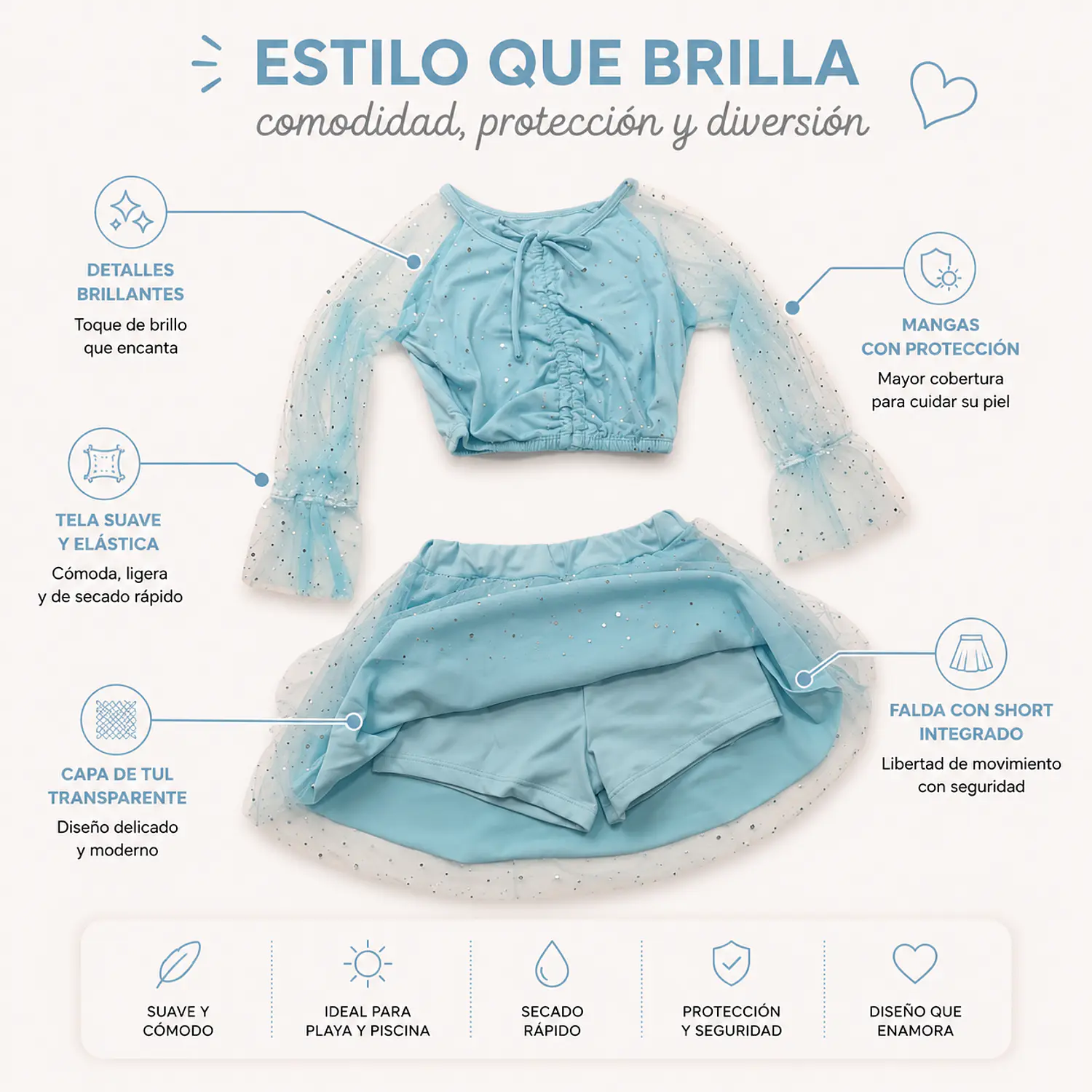 Traje de Baño Niña 2 Piezas Tul y Lentejuelas Manga Larga 2